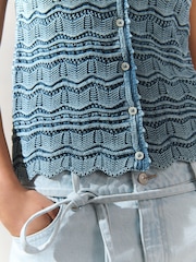 Blue Chambray 100% Cotton Wave Stitch Button Crochet Tank Vest - Image 4 of 7