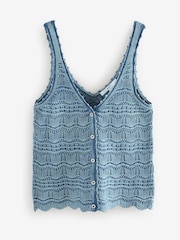 Blue Chambray 100% Cotton Wave Stitch Button Crochet Tank Vest - Image 5 of 7