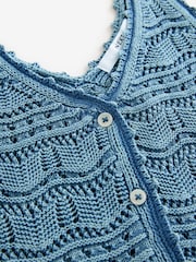 Blue Chambray 100% Cotton Wave Stitch Button Crochet Tank Vest - Image 7 of 7