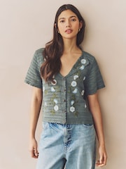 Green Khaki 100% Cotton Crochet Embroidered Floral Button Up Shirt - Image 2 of 8