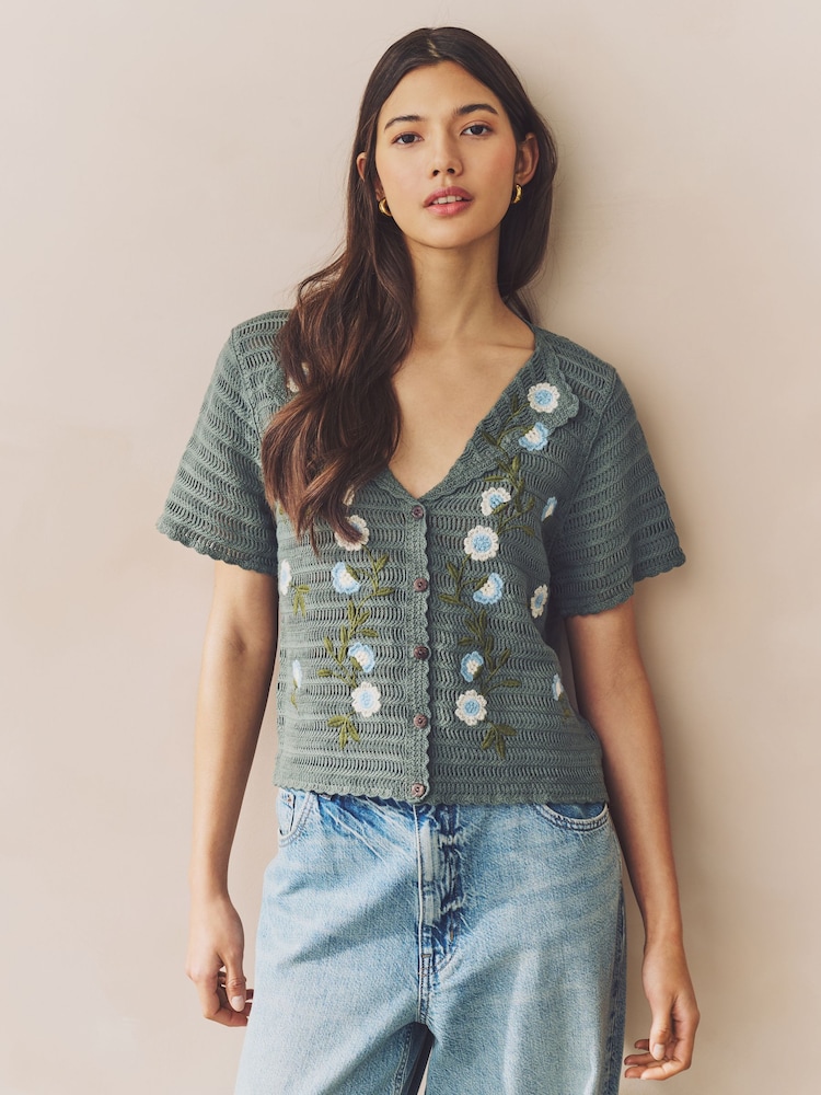 Green Khaki 100% Cotton Crochet Embroidered Floral Button Up Shirt - Image 2 of 8