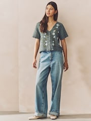 Green Khaki 100% Cotton Crochet Embroidered Floral Button Up Shirt - Image 4 of 8