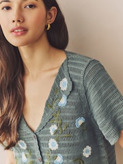 Green Khaki 100% Cotton Crochet Embroidered Floral Button Up Shirt - Image 5 of 8