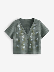 Green Khaki 100% Cotton Crochet Embroidered Floral Button Up Shirt - Image 6 of 8