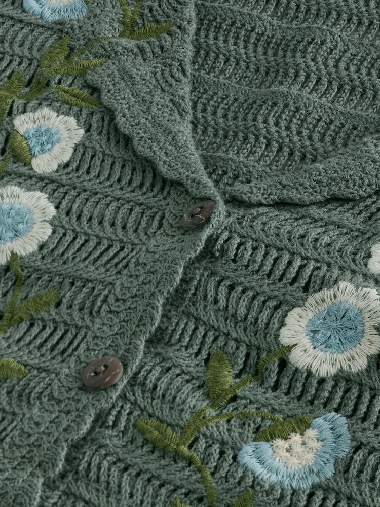 Green Khaki 100% Cotton Crochet Embroidered Floral Button Up Shirt - Image 8 of 8