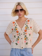 White Ecru 100% Cotton Crochet Embroidered Floral Button Up Shirt - Image 1 of 8