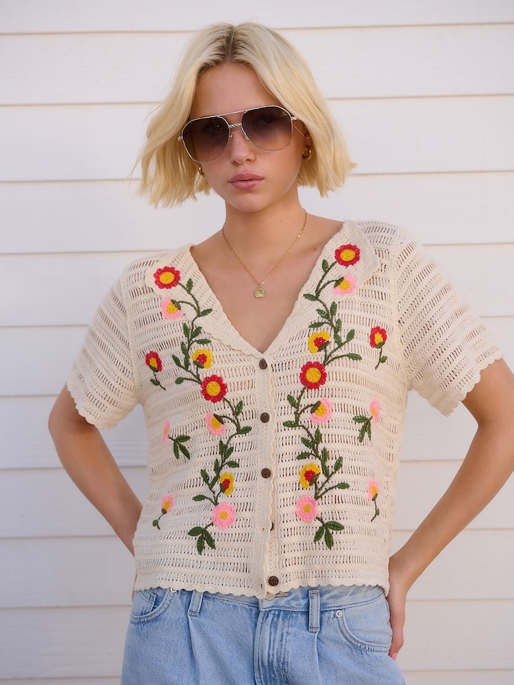 White Ecru 100% Cotton Crochet Embroidered Floral Button Up Shirt - Image 1 of 8