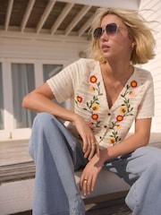 White Ecru 100% Cotton Crochet Embroidered Floral Button Up Shirt - Image 2 of 8