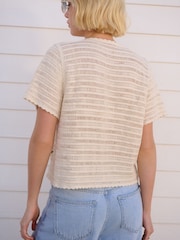 White Ecru 100% Cotton Crochet Embroidered Floral Button Up Shirt - Image 3 of 8