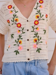 White Ecru 100% Cotton Crochet Embroidered Floral Button Up Shirt - Image 5 of 8