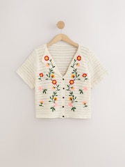 White Ecru 100% Cotton Crochet Embroidered Floral Button Up Shirt - Image 6 of 8
