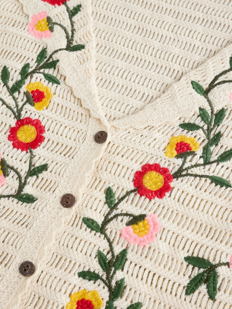 White Ecru 100% Cotton Crochet Embroidered Floral Button Up Shirt - Image 8 of 8