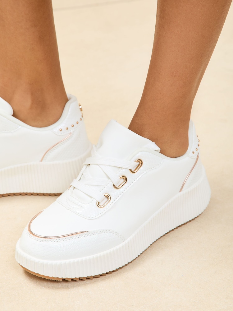 Lipsy White Flat Chunky Flatform Lace Up Trainers - Image 1 of 5
