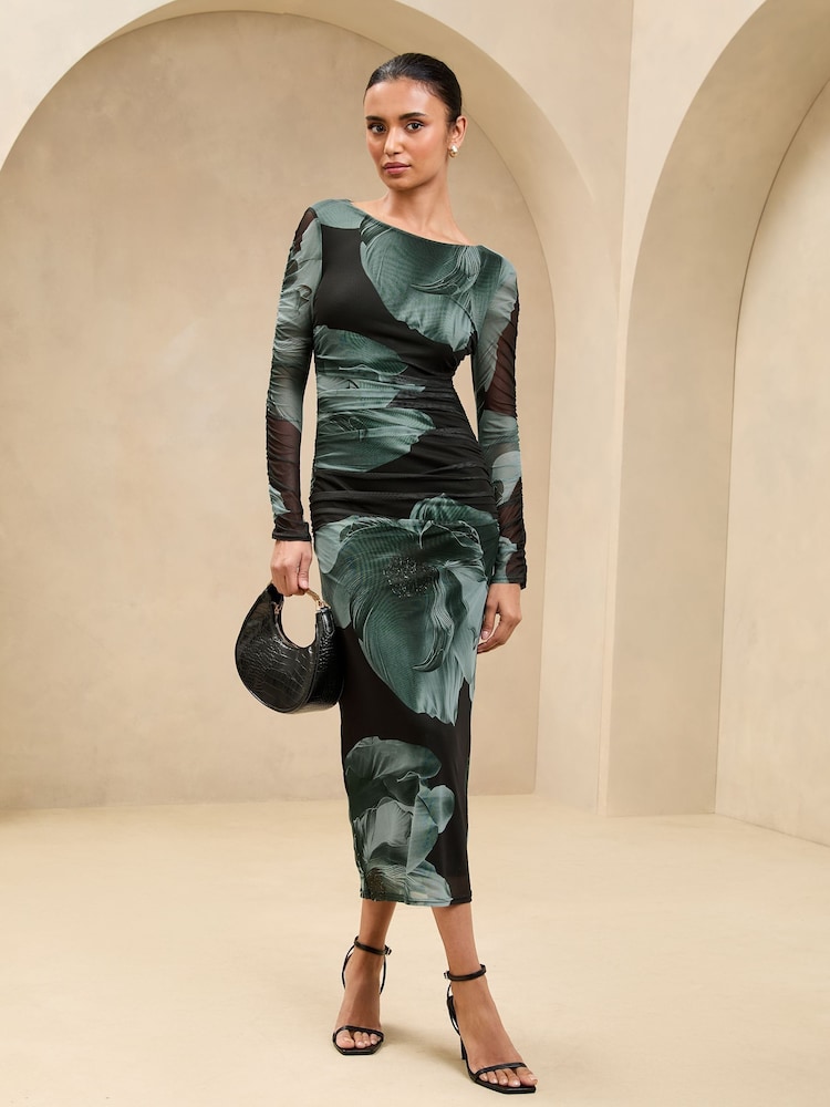 Lipsy Mesh Ruched Detail Midi Dress - Imagen 1 de 4