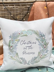 100% Linen Wreath Family Name Personalised Christmas Cushion by Solesmith - Image 1 of 6