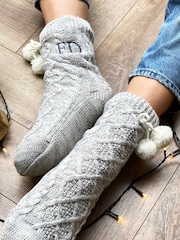 Solesmith Personalised Grey Pom Pom Slippers - Image 1 of 4