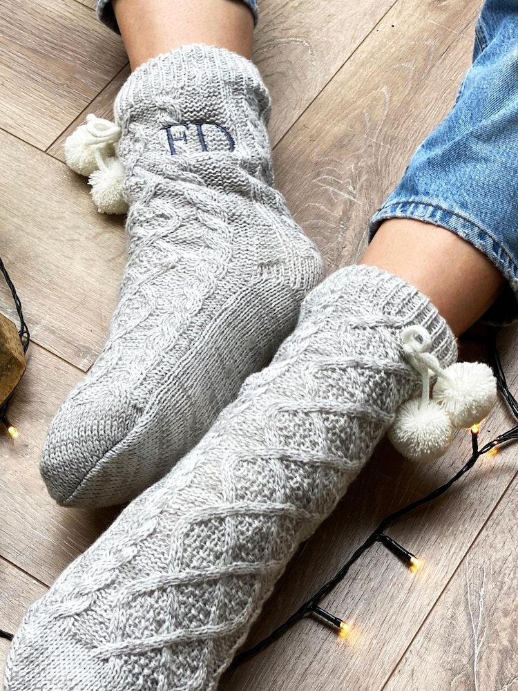 Solesmith Personalised Grey Pom Pom Slippers - Image 1 of 4