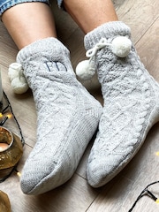 Solesmith Personalised Grey Pom Pom Slippers - Image 2 of 4