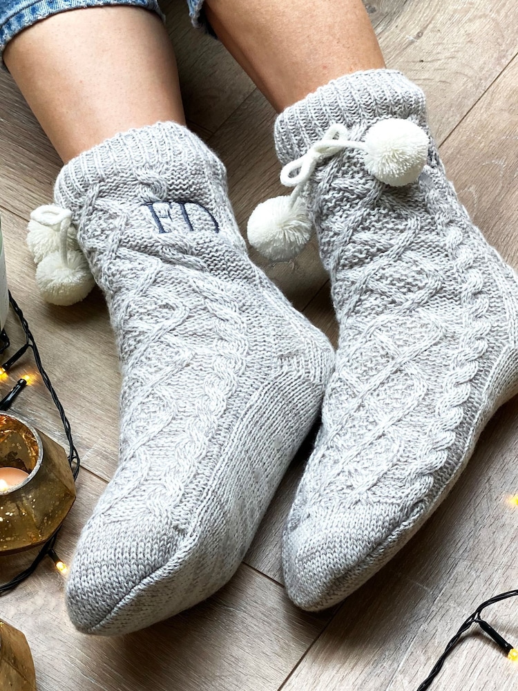 Solesmith Personalised Grey Pom Pom Slippers - Image 2 of 4