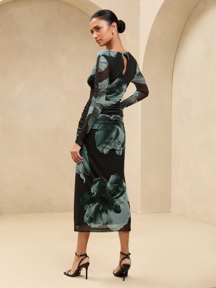 Lipsy Green Floral Petite Mesh Ruched Detail Midi Dress - Image 4 of 4