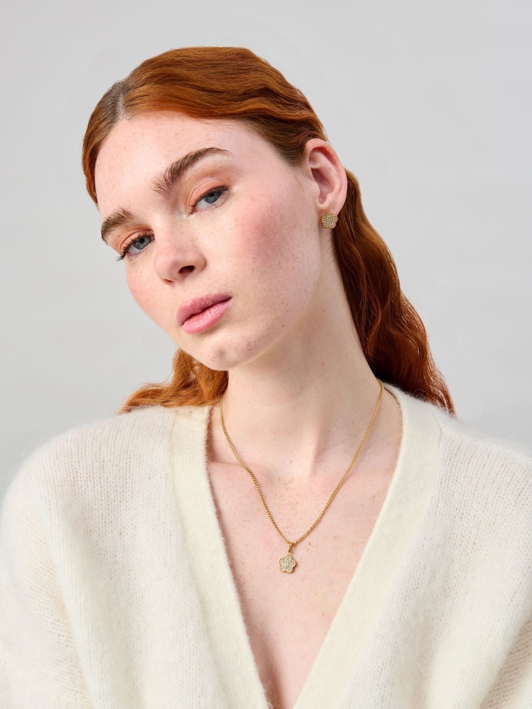 Aela Gold Tone Stainless Steel Pave Flower Necklace - Image 3 of 3