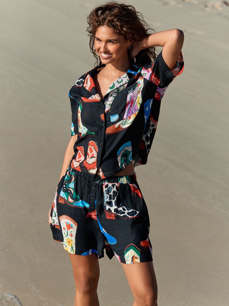Zwart/paars - Eleanor Bowmer 100% katoenen pyjama met print - Image 1 of 1