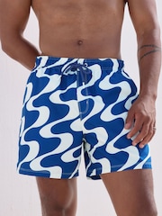 Navy Blue Wave Printed Swim Shorts - Image 1 of 9