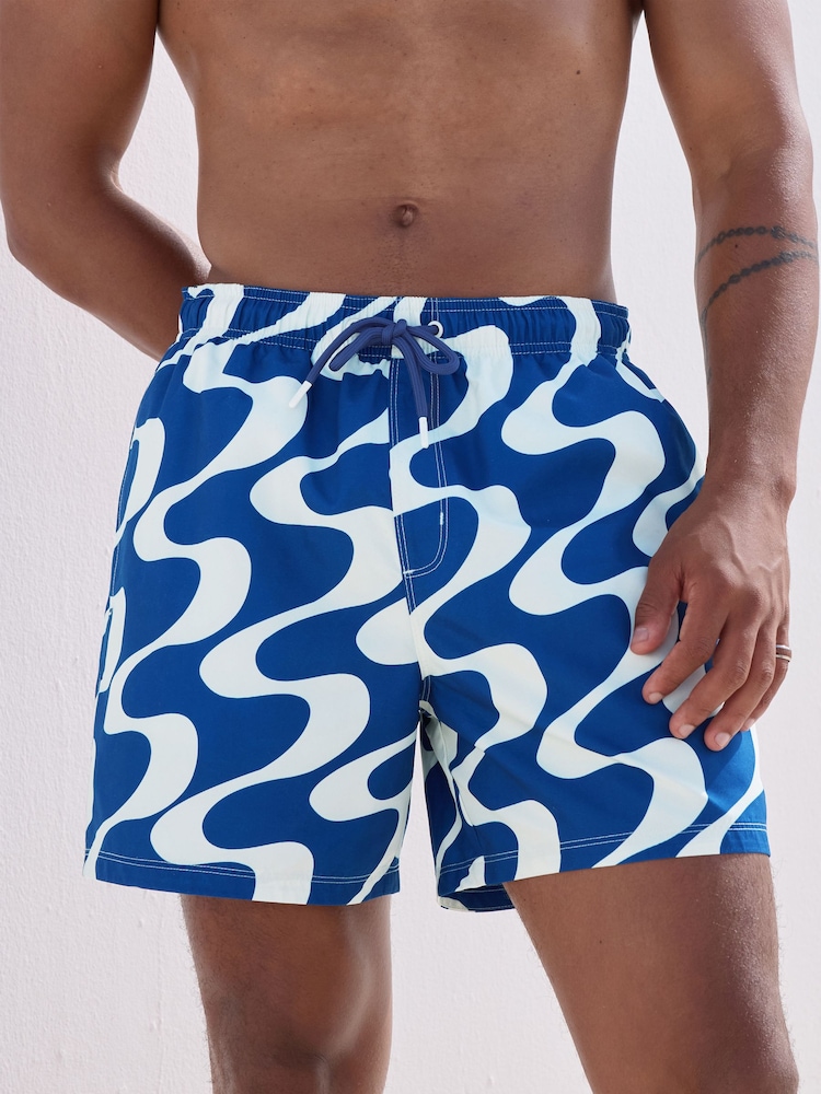 Navy Blue Wave Printed Swim Shorts - Image 1 of 9