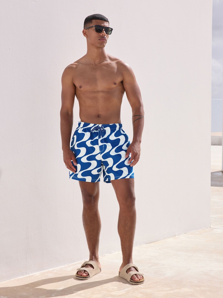 Navy Blue Wave Printed Swim Shorts - Image 2 of 9