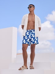Navy Blue Wave Printed Swim Shorts - Image 3 of 9