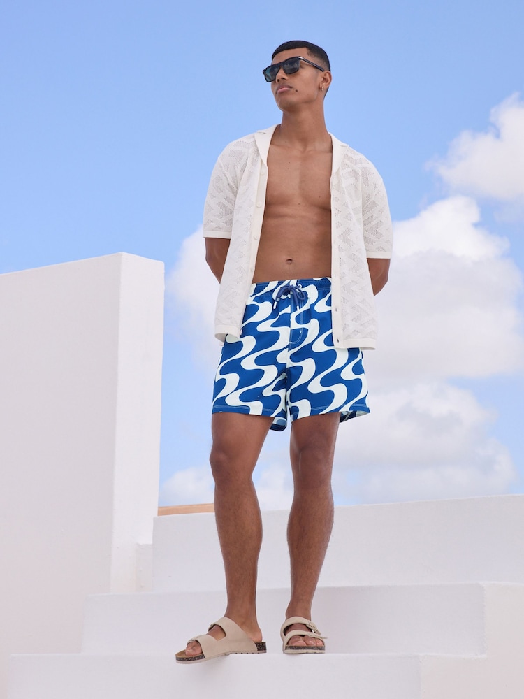 Navy Blue Wave Printed Swim Shorts - Image 3 of 9
