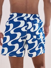 Navy Blue Wave Printed Swim Shorts - Image 4 of 9