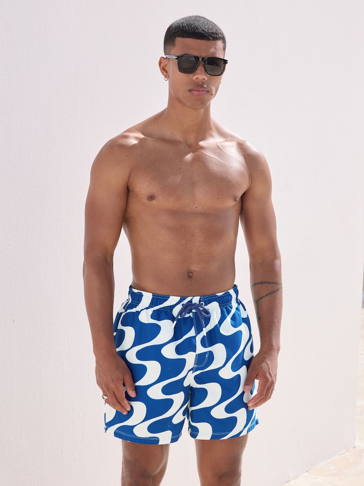 Navy Blue Wave Printed Swim Shorts - Image 5 of 9