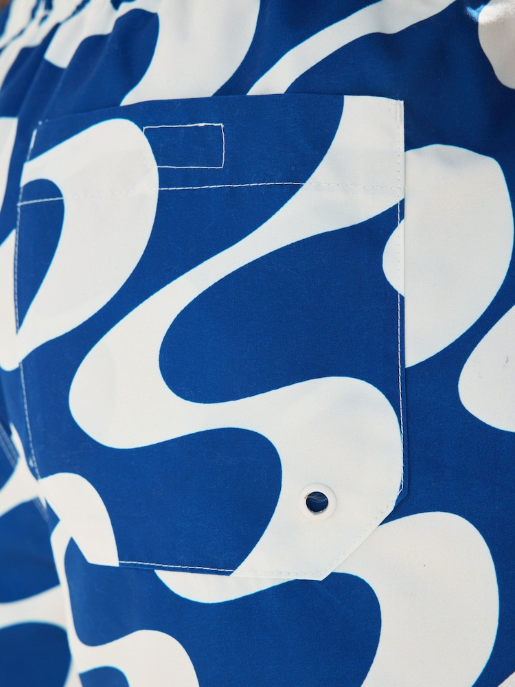 Navy Blue Wave Printed Swim Shorts - Image 6 of 9