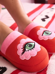 Eleanor Bowmer Red/Pink Eye Embroidered Mule Slippers - Image 3 of 8