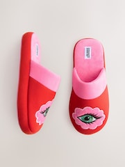 Eleanor Bowmer Red/Pink Eye Embroidered Mule Slippers - Image 4 of 8