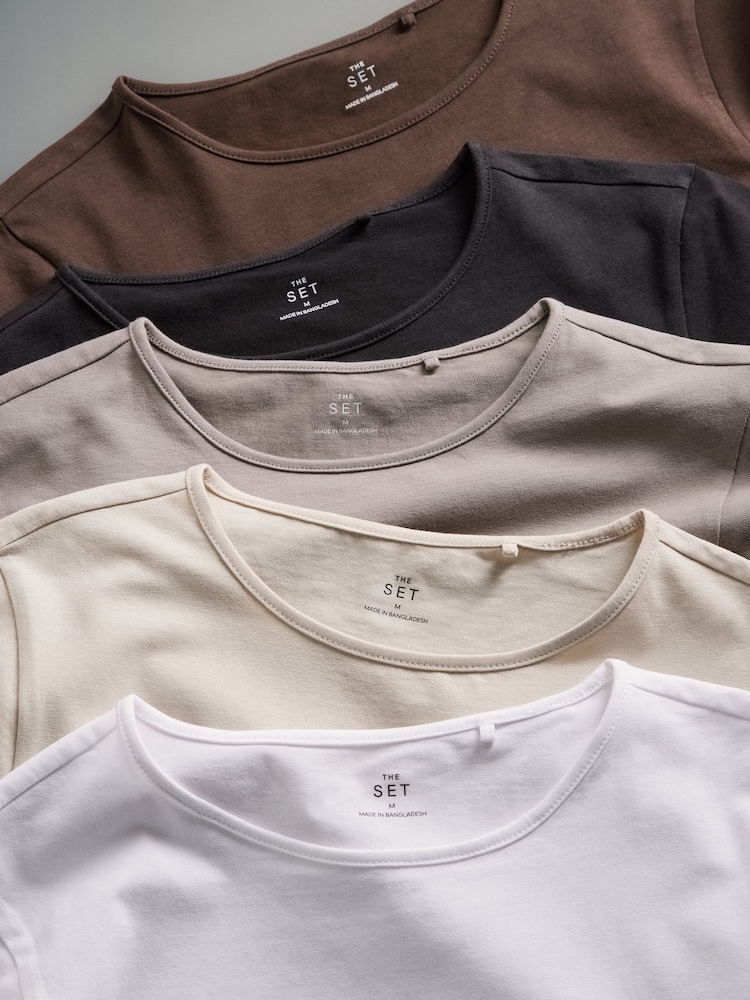 Noir/marron/neutre/nude/blanc - The Set 5 Pack T-Shirts à manches courtes avec col ras du cou ajusté - Image 12 of 13