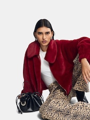 PIECES Burgundy Faux Fur Teddy Bomber Jacket - Image 2 of 2