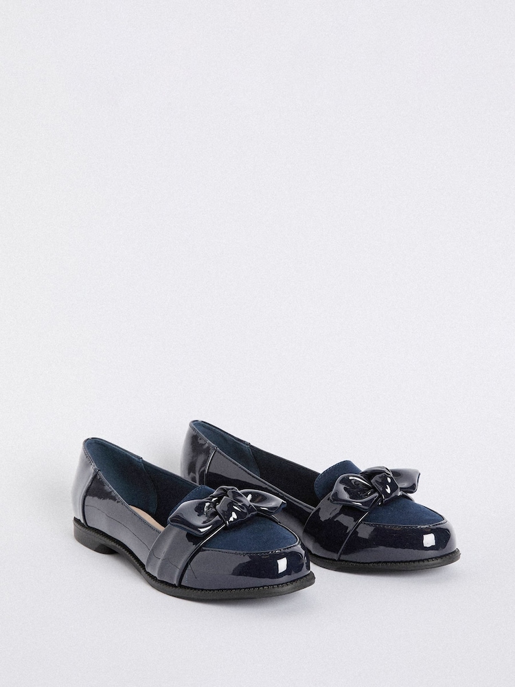 Friends Like These Navy Standard Fit Flat Comfort Bow Faux Leather Patent Loafers - Image 3 of 4