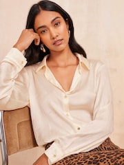 Friends Like These Oyster Petite Long Sleeve Crushed Satin Shirt - Image 1 of 4