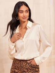 Friends Like These Oyster Petite Long Sleeve Crushed Satin Shirt - Image 3 of 4