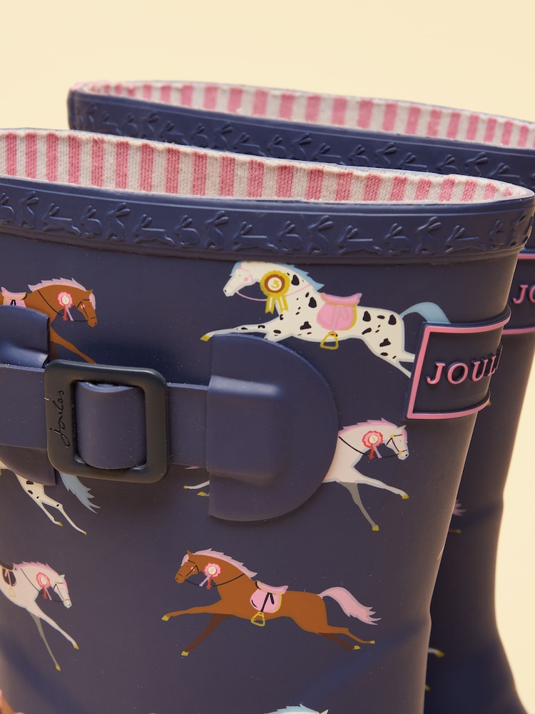 Joules Kids' Navy & Pink Horse Printed Wellies - Image 6 of 6