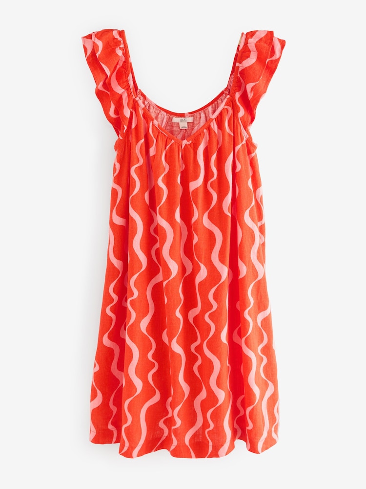 Red/Pink Wiggle Stripes V-Neck Ruffle Sleeve Mini Dress with Linen - Image 6 of 8