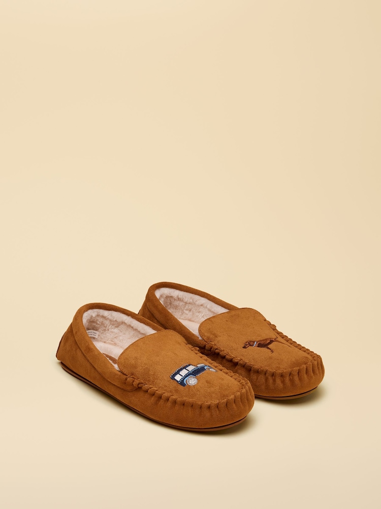Joules Winchester Tan Brown Embroidered Moccasin Slipper - Image 1 of 7 Joules Winchester Tan Brown Embroidered Moccasin Slipper - Image 1 of 7