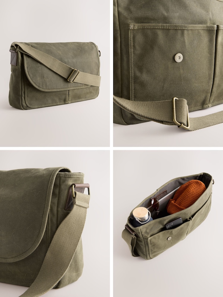 Green Wax Cotton Messenger Bag - Image 2 of 7 Green Wax Cotton Messenger Bag - Image 2 of 7