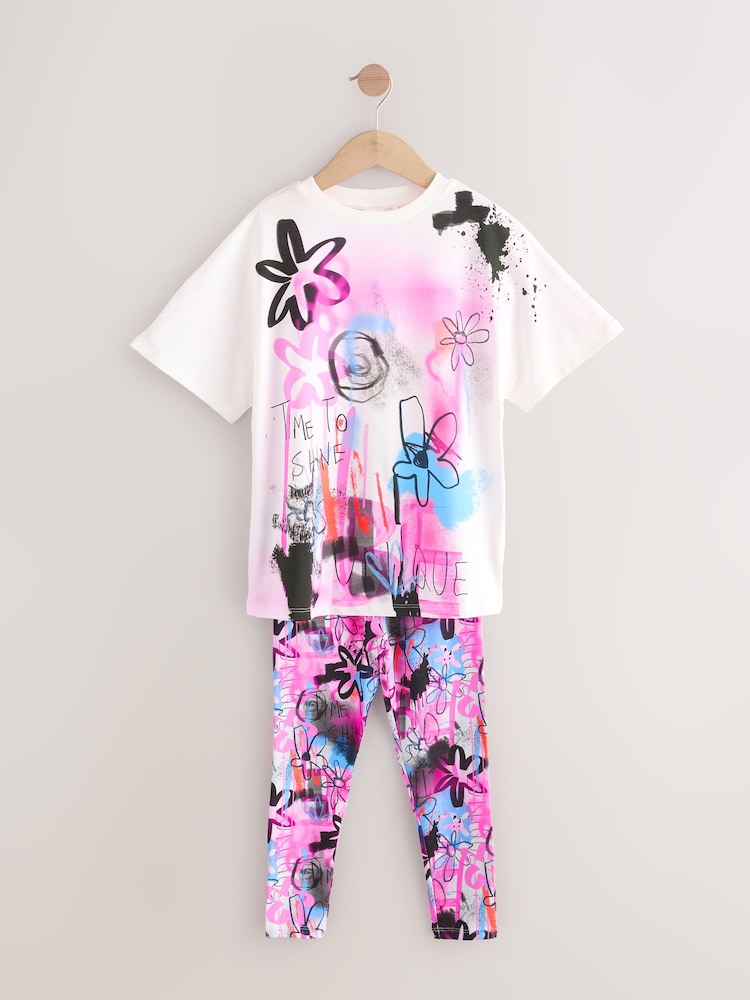 Black/Pink Graffiti T-Shirt And Sport Leggings Set (3-16yrs) - Image 1 of 5