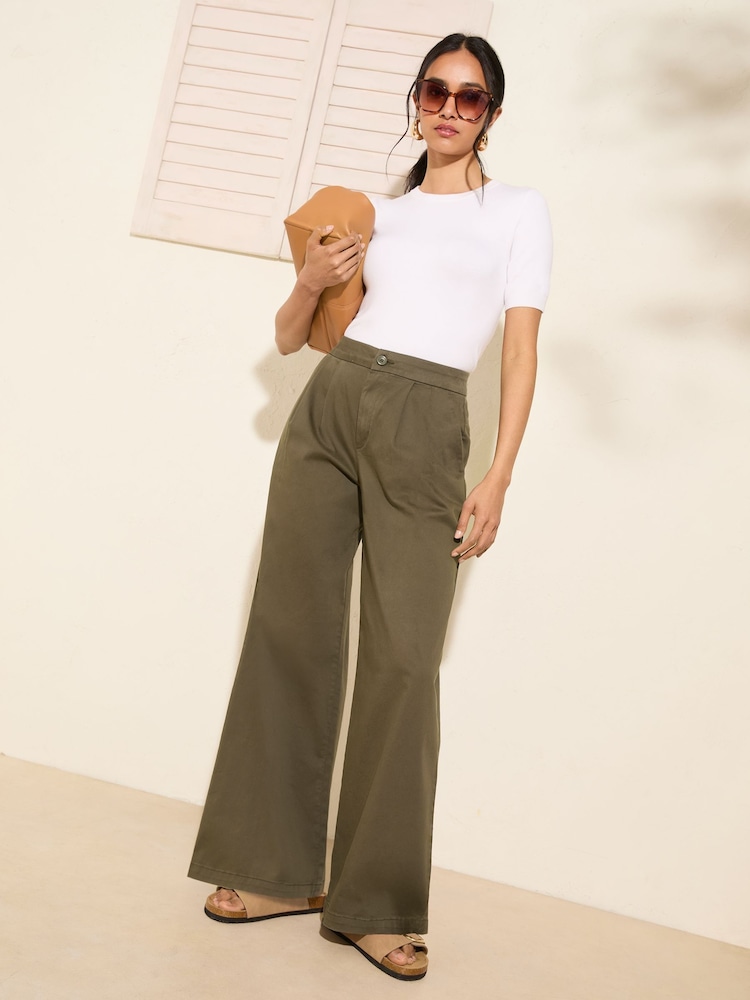 Friends Like These Khaki Green Wide Leg Pleat Front Chino Trousers - Image 1 of 4