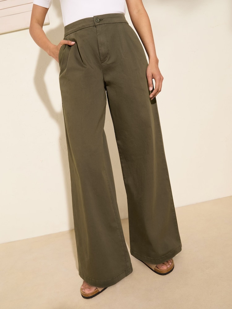 Friends Like These Khaki Green Wide Leg Pleat Front Chino Trousers - Image 2 of 4