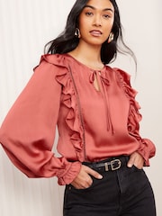 Friends Like These Pink Long Sleeve Ruffle Trim Tie Front Blouse - Image 1 of 1