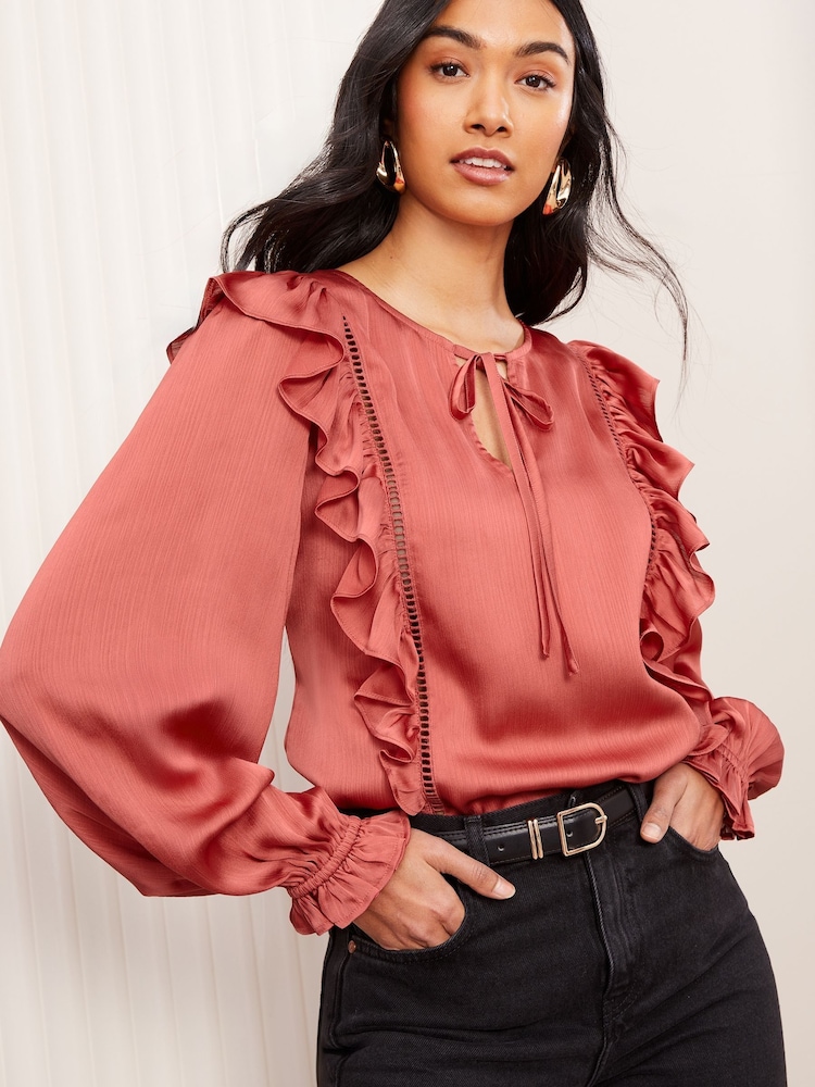 Friends Like These Pink Long Sleeve Ruffle Trim Tie Front Blouse - Image 1 of 1